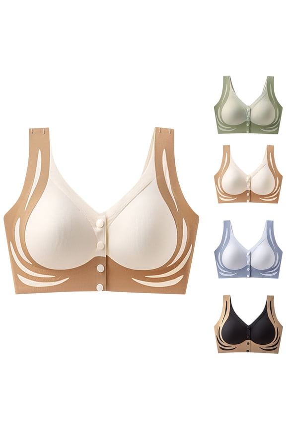 Womens Bra,Summer Plus Size Bra,Fashion Womens Pattern Illustration No Rims Fixed Cup Gathering Front Opening Buckle Daily Bra,Green,XXL
