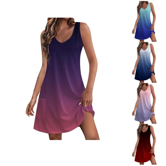 Ahuyic Womens Casual Dress,Womens Plus Size Dress,Ladies Gradient Summer Ladies Printed Pocket Sleeveless-neck Dress,Light Blue,M