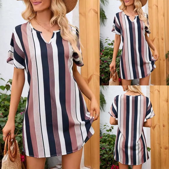 Ahuyic Womens Casual Dress,Womens Plus Size Dress,Ladies Summer Classic Stripe-neck Short Sleeved Casual Dress,Khaki,XL