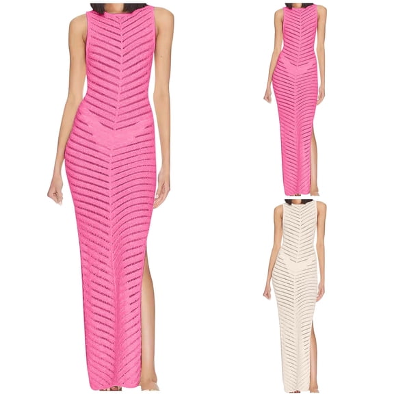 Ahuyic Womens Casual Dress,Womens Plus Size Dress,Ladies Summer European And Sleeveless Knitted Slim Split Wrapped Hip Dress Sleeveless Round Neck And Ankle Dress,Beige,L