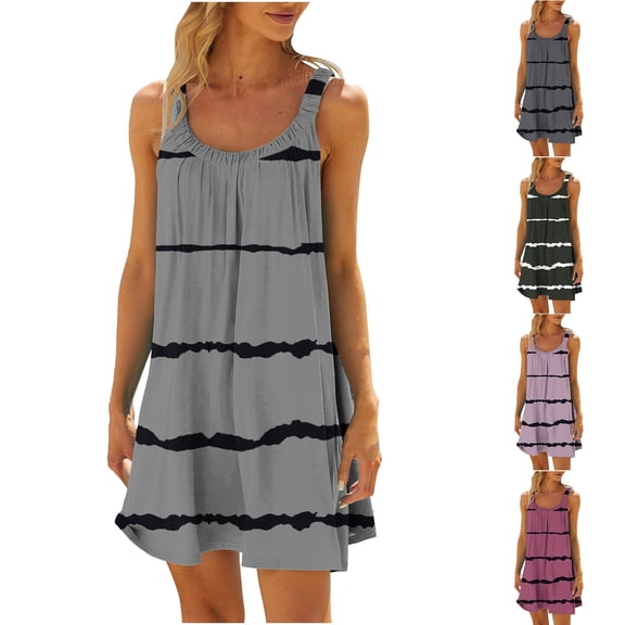 Ahuyic Womens Casual Dress,Womens Plus Size Dress,Spring And Summer Womens Casual Printed Round-Neck Sleeveless Loose Knee-Length Dress,Hot Pink,L