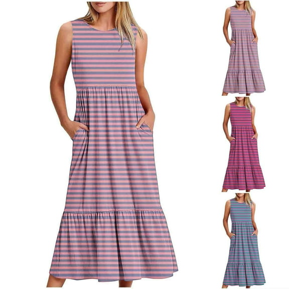 Ahuyic Womens Casual Dress,Womens Plus Size Dress,Spring And Summer Womens Casual Printed Round-Neck Sleeveless Loose Knee-Length Dress,Pink,XXL