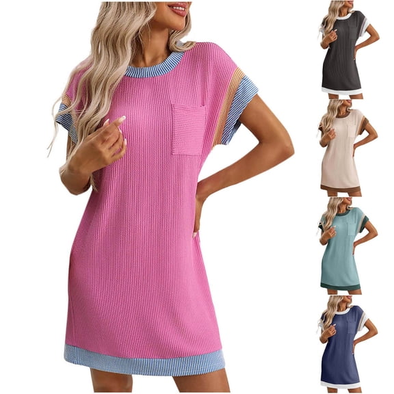 Ahuyic Womens Casual Dress,Womens Plus Size Dress,Womens Casual Splicing Summer Short Sleeve Pocket Round-Neck Dress,Beige,S
