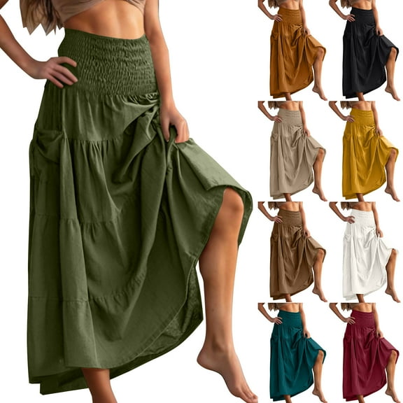 Ahuyic Womens Casual Dress,Womens Plus Size Dress,Womens Casual Summer Solid Elastic Waist Ankle Skirt,Army Green,M
