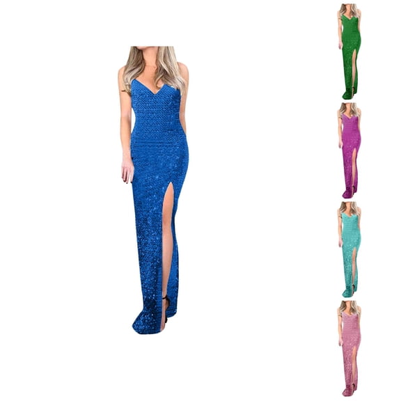 Ahuyic Womens Casual Dress,Womens Plus Size Dress,Womens Dress Evening Dress Split-neck Sequin Sleeveless Summer,Light Blue,XL