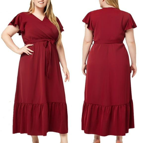 Ahuyic Womens Casual Dress,Womens Plus Size Dress,Womens Plus Size Summer Sashionable V-Neck Short Sleeved Solid Color Casual Dress,Red,XL