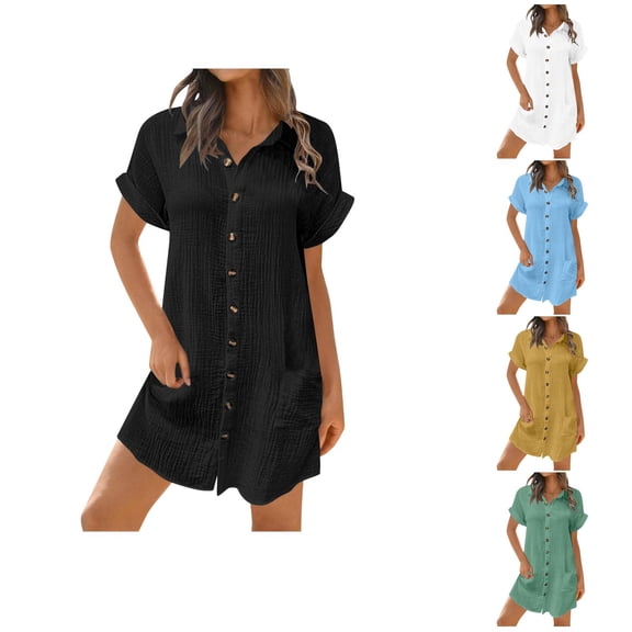 Ahuyic Womens Casual Dress,Womens Plus Size Dress,Womens Shirt Pocket Button Summer Mini Short Sleeve Flip Collar Dress,White,XL
