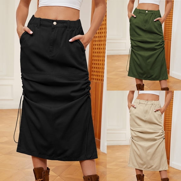 Ahuyic Womens Casual Dress,Womens Plus Size Dress,Womens Spring/Summer Denim Casual Wear Pocket Skirt Casual Mid Length Skirt,Khaki,M