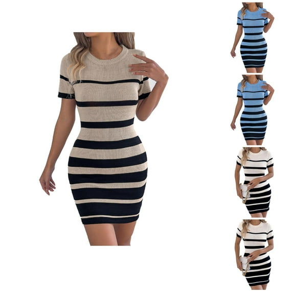 Ahuyic Womens Casual Dress,Womens Plus Size Dress,Womens Spring And Summer Slim Color Matching Round Neck Knitted Hip-wrapped Short-Sleeved Dress,Blue,S