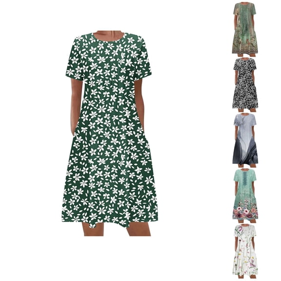 Ahuyic Womens Casual Dress,Womens Plus Size Dress,Womens Summer Bohemian Print Short Sleeve Beach Dress Knee Length Dress,White,XXL