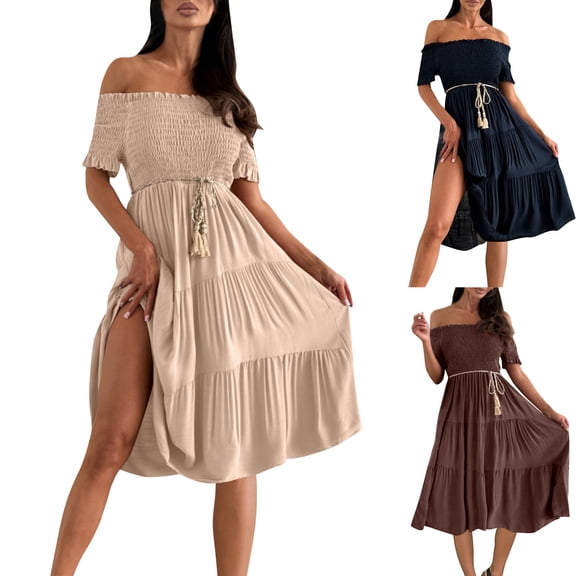Ahuyic Womens Casual Dress,Womens Plus Size Dress,Womens Summer Bohemian Solid Color Casual Strapless Short Sleeve Off The Shoulder Party Long Maxi Dress,Brown,XXL