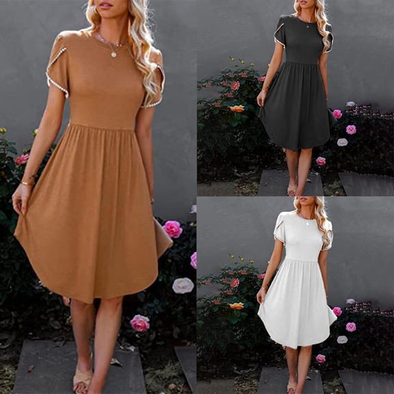 Ahuyic Womens Casual Dress,Womens Plus Size Dress,Womens Summer Casual Mid Length Solid ColorShortSleeve Round Neck Dress,Black,XL