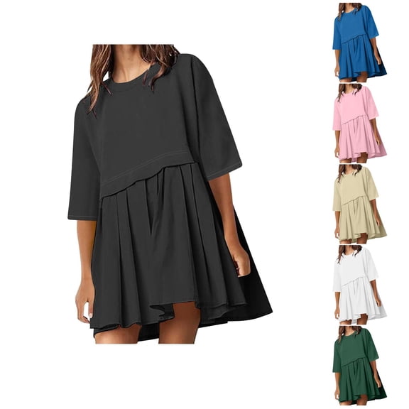 Ahuyic Womens Casual Dress,Womens Plus Size Dress,Womens Summer Casual Solid Color 3/4 Sleeve Round Neck Dress,Blue,S