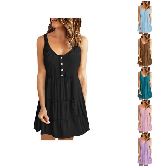 Ahuyic Womens Casual Dress,Womens Plus Size Dress,Womens Summer Casual Suspenders Round-Neck Solid Color Sleeveless Dress,Black,S