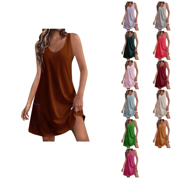 Ahuyic Womens Casual Dress,Womens Plus Size Dress,Womens Summer Comfortable And able Pocket Solid Color Sleeveless V-Neck Dress,Gray,S