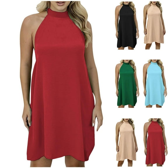 Ahuyic Womens Casual Dress,Womens Plus Size Dress,Womens Summer Loose Solid Color Striped Backless Dress,Red,XL