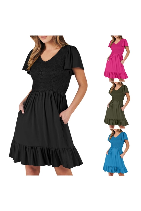 Womens Casual Dress,Womens Plus Size Dress,Womens Summer Mini Dresses Round Neck Casual Smocked Puff Sleeve Cute Short Dress With Pockets,Black,XXL