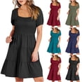 thumbnail image 1 of Ahuyic Womens Casual Dress,Womens Plus Size Dress,Womens Summer Mini Dresses Round Neck Casual Smocked Puff Sleeve Cute Short Dress With Pockets,Black,XXL, 1 of 5