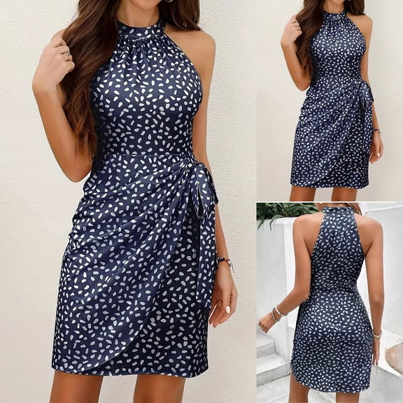 Ahuyic Womens Casual Dress,Womens Plus Size Dress,Womens Summer Polka Pleated Strapless Sleeveless Waist Hanging Neck Dress,Navy,L