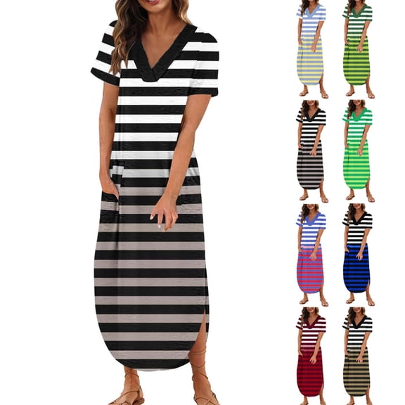 Ahuyic Womens Casual Dress,Womens Plus Size Dress,Womens Summer Printing Pocket Short Sleeve-Neck Dress,Black,XXL