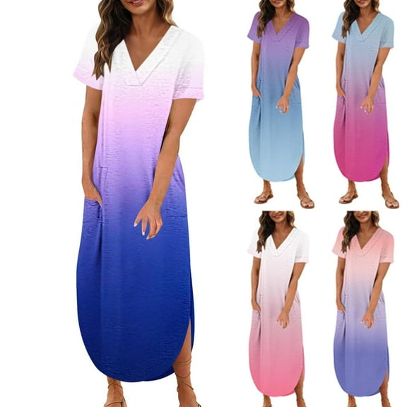 Ahuyic Womens Casual Dress,Womens Plus Size Dress,Womens Summer Printing Pocket Short Sleeve-Neck Dress,Purple,XL