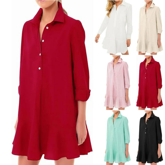 Ahuyic Womens Casual Dress,Womens Plus Size Dress,Womens Summer Round Neck Loose Solid Beach Button Cover Skirt Short Sleeved Knee Length Dress,Red,L