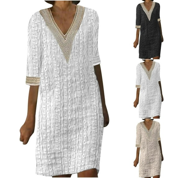 Ahuyic Womens Casual Dress,Womens Plus Size Dress,Womens Summer Round Neck Loose Solid Beach Button Cover Skirt Short Sleeved Knee Length Dress,White,XXXL