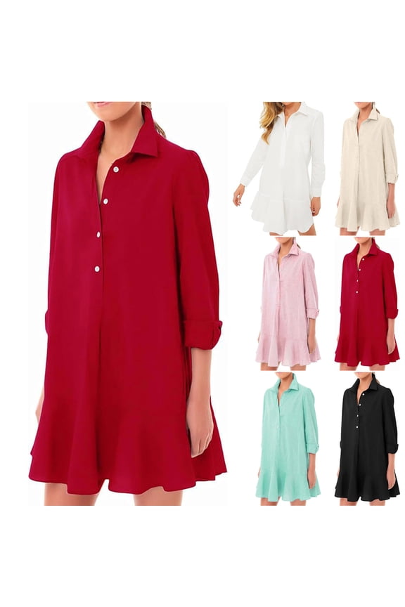 Womens Casual Dress,Womens Plus Size Dress,Womens Summer Round Neck Loose Solid Beach Button Cover Skirt Short Sleeved Knee Length Dress,White,XL