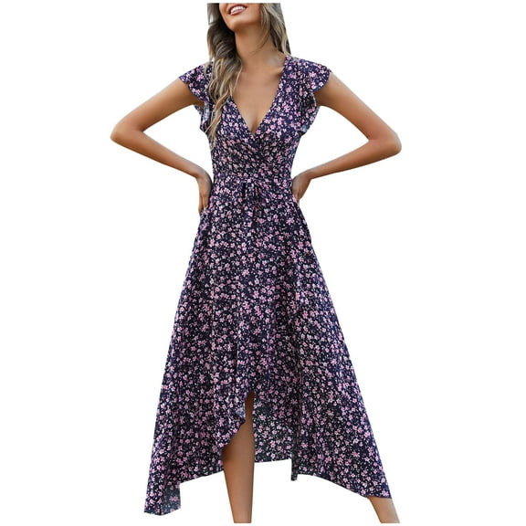 Ahuyic Womens Casual Dress,Womens Plus Size Dress,Womens Summer Ruffle Bandage Casual-Neck Print Short Sleeve Dress,Navy,M