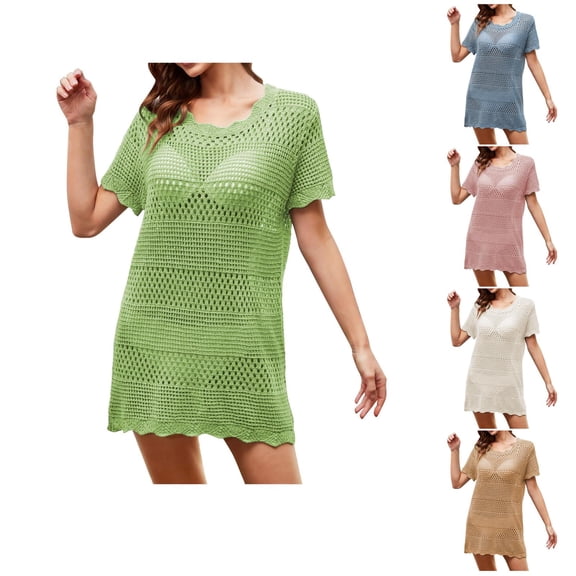 Ahuyic Womens Casual Dress,Womens Plus Size Dress,Womens Summer Sasual Short Sleeved Round Neck Solid Color Crochet Hollow Beach Dress,Pink,M