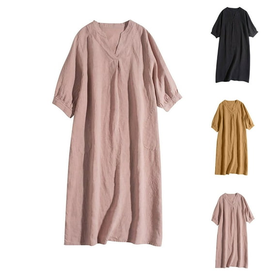 Ahuyic Womens Casual Dress,Womens Plus Size Dress,Womens Summer Solid Color Button Short Sleeve V-Neck Dress,Yellow,M