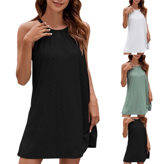 Ahuyic Womens Casual Dress,Womens Plus Size Dress,Womens Summer Solid Color Round Neck Casual Hanging Neck Loose Suspender Dress,Black,M