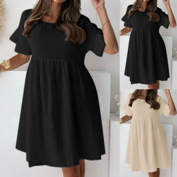 Ahuyic Womens Casual Dress,Womens Plus Size Dress,Womens Summer Solid Color Short Sleeve Round-Neck Dress,Beige,XXL