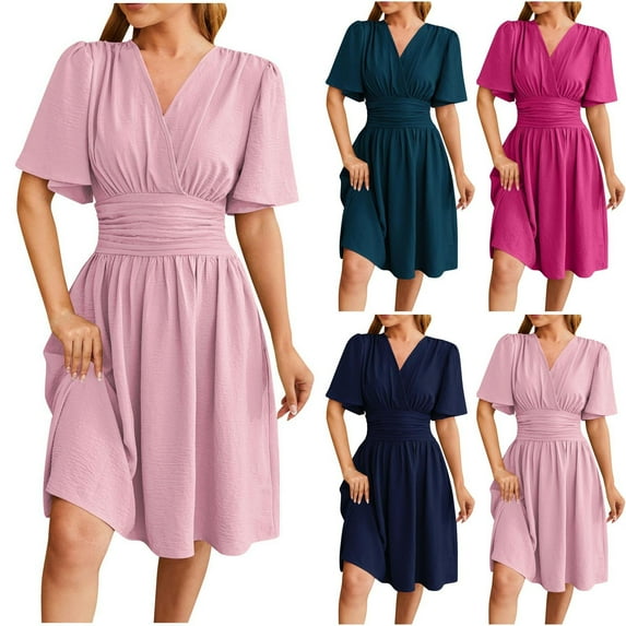 Ahuyic Womens Casual Dress,Womens Plus Size Dress,Womens Summer Solid Color V Neck Short Sleeve Dress,Navy,L