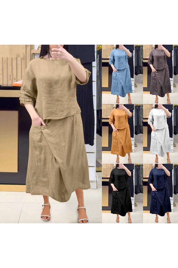 Womens Casual Dress,Womens Plus Size Dress,Womens Summer Solid Round Neck 3/4 Sleeve Tops And Skirt Dress Set Suit,Black,XXXL