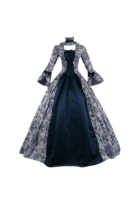 Womens Goth Dresses Halloween Vintage Court Dress Bell Sleeve Renaissance Medieval Dress Square Neck Vintage Baroque Dress Maxi Dress Ball Gown Navy 4XL