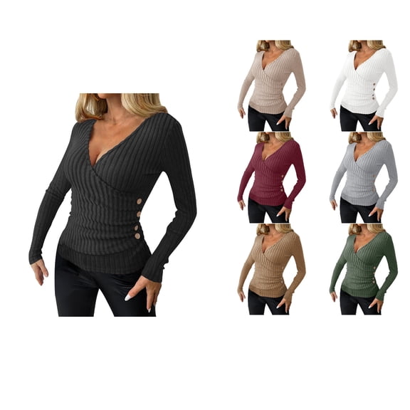 Ahuyic Womens Long Sleeved Blouse V-Neck Fall/Winter Warm Tops For Women, Womens Slim Button Knit Solid Color Shirt Long Sleeved V-Neck Blouse Top For Women,XXL
