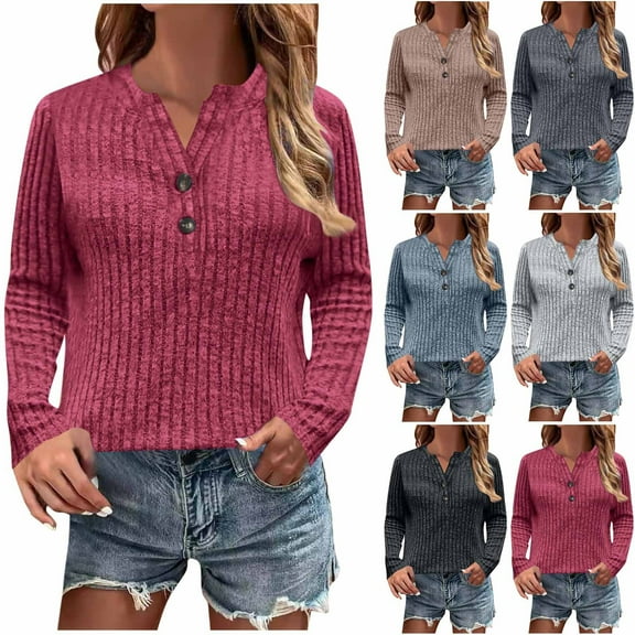 Ahuyic Womens Long Sleeved Blouse V-Neck Fall/Winter Warm Tops For Women, Womn Fashion Solid Color V-Neck Button Long Sleeve Fall Casual Blouse Tops,M