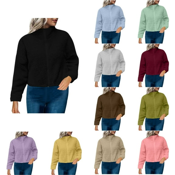 Ahuyic Womens Long Sleeved Jacket For Fall And Winter, Warm Coat For Women, Womens Solid Color Fleece Jacket Long Sleeved Warm Jacket With Pockets For Fall And Winter