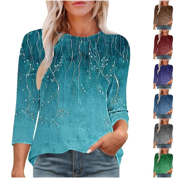 Ahuyic Womens Plus Size Long Sleeved Blouse, Autumns/Winter Long Sleeve Top For Women, Womens 3/4 Sleeve Round Neck Cover Casual Printed Fashion Top 3/4 Sleeve Round-Neck Blouses & Shirts