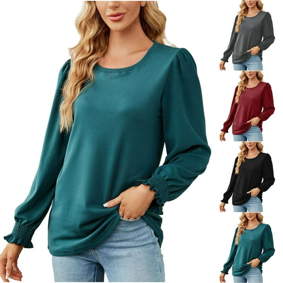 Ahuyic Womens Plus Size Long Sleeved Blouse, Autumn/Winter Long Sleeve Top For Women, Womens New Casual Round Neck Fashion Loose T-Shirt Long Sleeve Round-Neck Blouses & Shirts