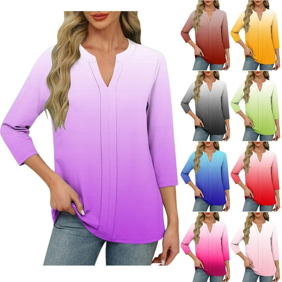 Ahuyic Womens Plus Size Top, Casual 3/4 Sleeve Blouse For Autumns And Winter, Ladies' Fashion Gradient V-neck Three Quarter Sleeve 3/4 Sleeve T-shirt