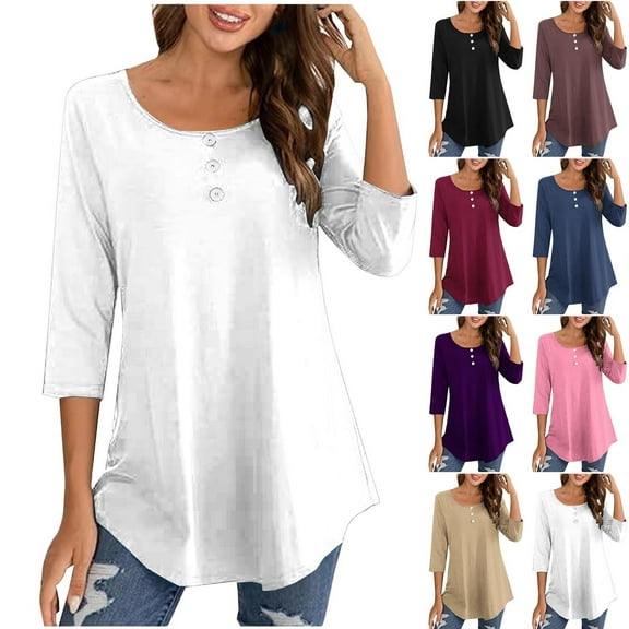 Ahuyic Womens Plus Size Top, Casual 3/4 Sleeve Blouse For Autumns And Winter, Womens Round Neck Quarter Sleeved 4/3 Sleeved Solid Color Button Top