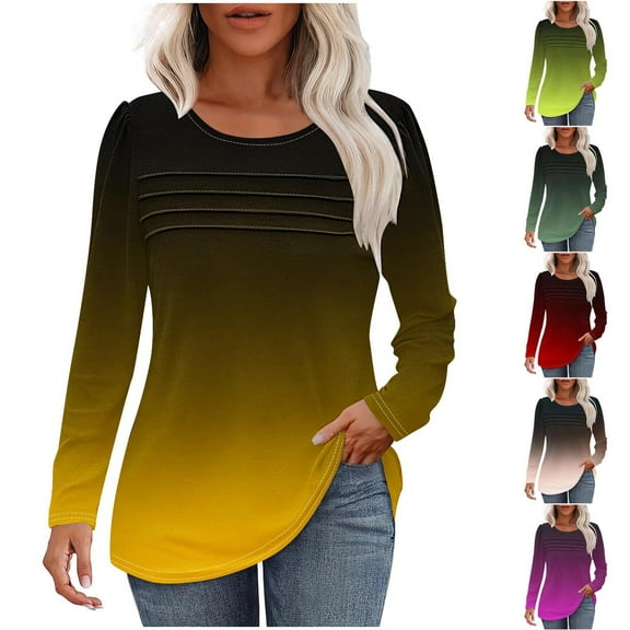 Ahuyic Womens Plus Size Top, Casual Long Sleeve Blouse For Autumns And Winter, Womens Casual Fashion Pullover Pleated Round Neck Printed Long Sleeved Shirt