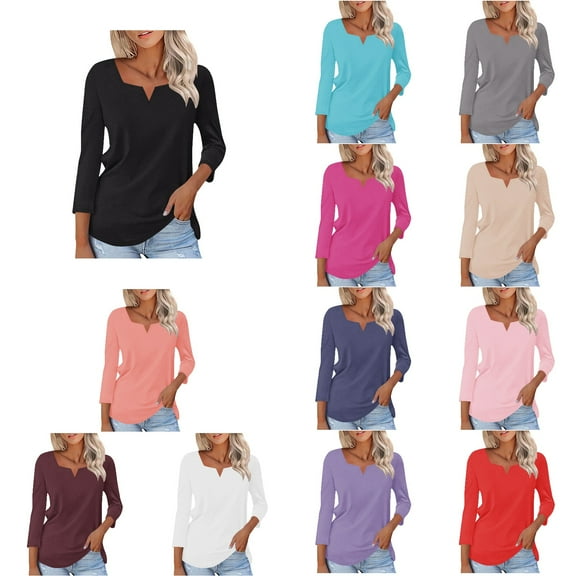 Ahuyic Womens Plus Size Top, Casual Long Sleeve Blouse For Autumns And Winter, Womens Fashion Casual V-neck Long Sleeve T-Shirts Solid Color Basic Tees Blouses