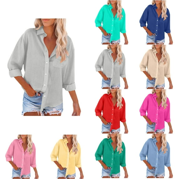 Ahuyic Womens Plus Size Top, Casual Long Sleeve Blouse For Autumns And Winter, Womens Solid Color Button Shirts Loose Blouse Long Sleeve Casual Top With Pocket