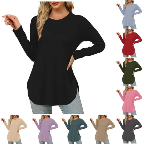 Ahuyic Womens Plus Size Top, Casual Long Sleeve Blouse For Autumns And Winter, Womens Solid Color Round Neck Blouse Fashionable Casual Long Sleeved Top For Women
