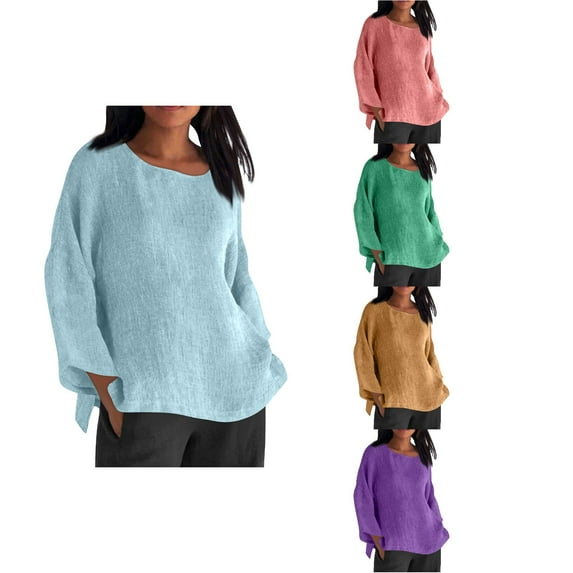 Ahuyic Womens Plus Size Top, Casual Long Sleeve Blouse For Autumns And Winter, Womens Solid Color Crew Neck Shirt Long Sleeve Casual Blouse For Women