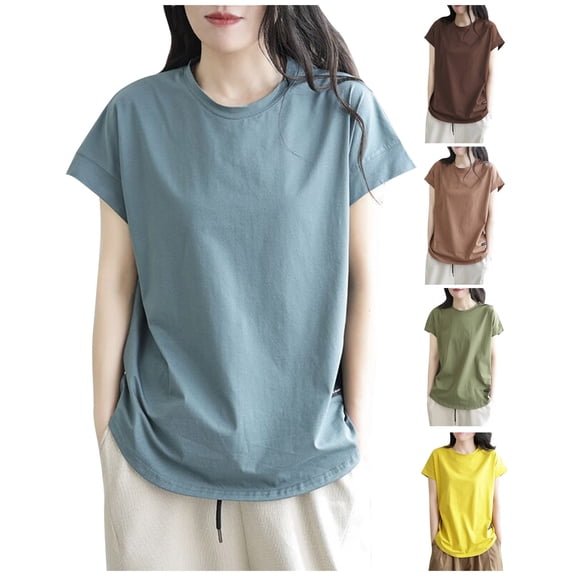 Ahuyic Womens Plus Size Top,Womens Summer Blouse,Ladies Loose And Spring And Summer Lantern Sleeves 3/4 Quarter Sleeves Round Neck Brown M