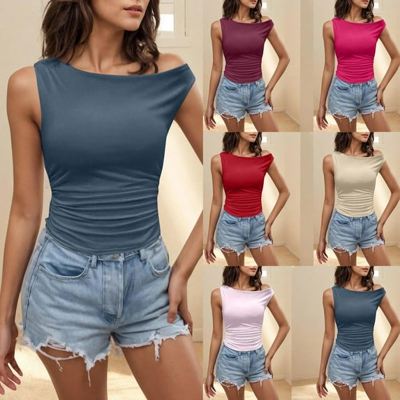 Ahuyic Womens Plus Size Top,Womens Summer Blouse,Women Irregular Short Sleeve Solid Color Pleated Short Casual Blouses Beige S